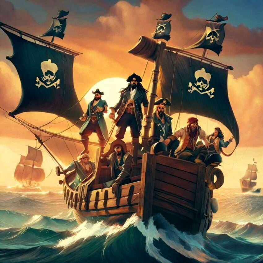 pirates on a ship sailing flying the jolly roger flags