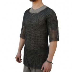 Medieval Blackened Chainmail Habergeon – Half Sleeve (Medium)