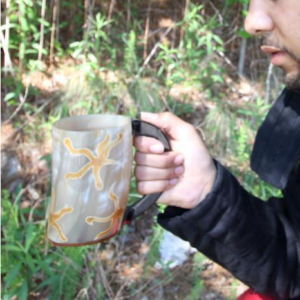 Fire-Burned Earth Symbol Buffalo Horn Mug with Wooden Base