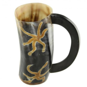 Fire-Burned Earth Symbol Buffalo Horn Mug with Wooden Base