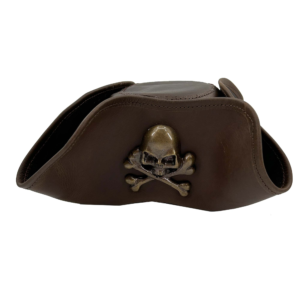 Handmade Leather Pirate Tricorn Hat with Skull Emblem